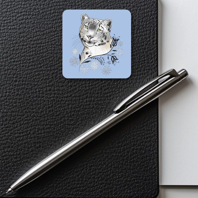 Snow Leopard Winter Elegance Blue Snowflakes Square Sticker (Creator Uploaded)