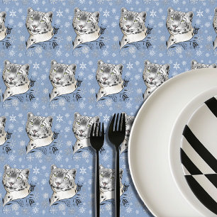 Snow Leopard Winter Elegance Blue Snowflakes Tablecloth