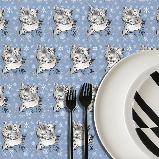 Snow Leopard Winter Elegance Blue Snowflakes Tablecloth (Creator Uploaded)