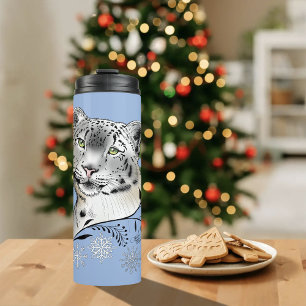 Snow Leopard Winter Elegance Blue Snowflakes Thermal Tumbler