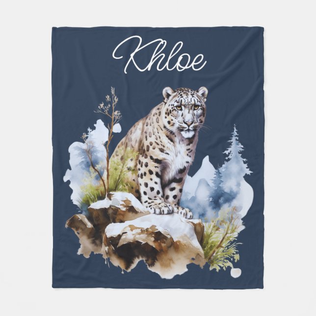 Snow Leopard Winter Mountain Personalized Fleece Blanket (Front)