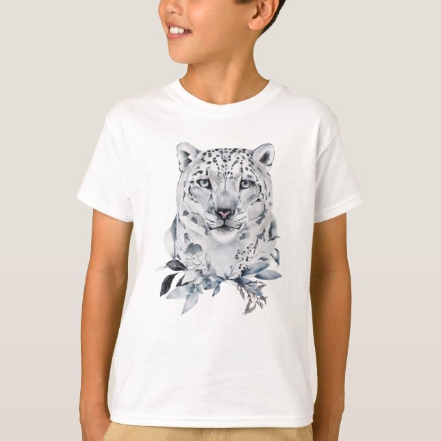 Snow Leopard, Winter Watercolor T-Shirt (Front)