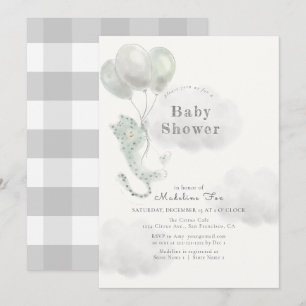 Snow Leopard with Balloons Grey Baby Shower Invitation