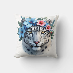 Snow Leopard with Blue & Pink Floral Crown Throw P Pillow