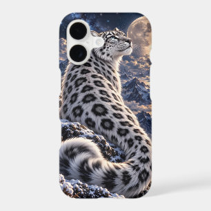 Snow Leopard with Full Moon and Snowy Mountains