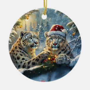 Snow Leopards Holiday Design by Rich AMeN Gill Ceramic Ornament