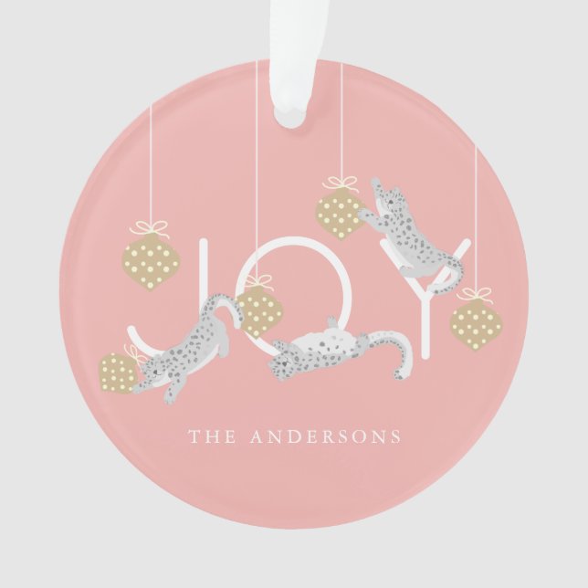 Snow Leopards & JOY Pink Christmas Photo Ornament (Front)