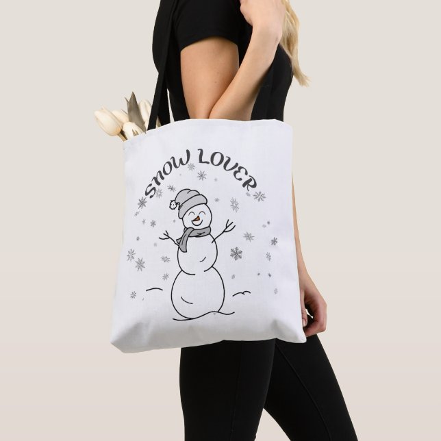 SNOW LOVER Text Cute Snowman Snowflakes Fun White  Tote Bag (Close Up)