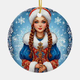 Snow maiden Beautiful Winter Portrait Ceramic Ornament