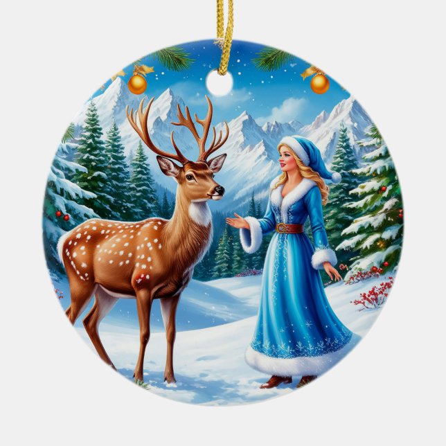 Snow Maiden Enchanting Winter Scene Ceramic Ornament (Front)