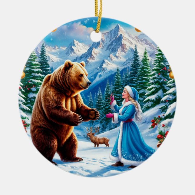 Snow Maiden Enchanting Winter Scene Ceramic Ornament (Front)