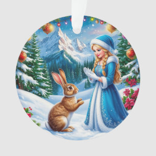Snow Maiden in Winter Woodland Scene With rabbit Ornament