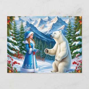 Snow Maiden with Festive Decor and Polar Bear Holiday Postcard