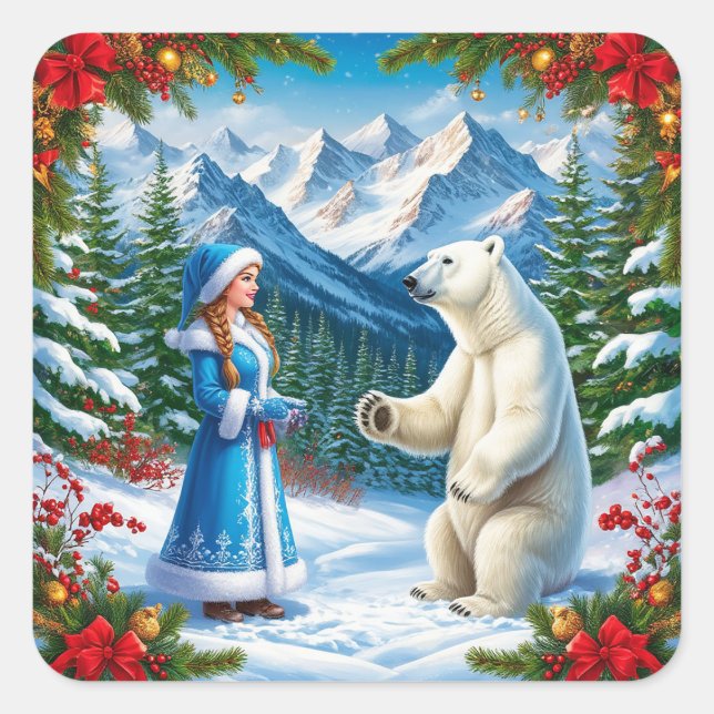 Snow Maiden with Festive Decor and Polar Bear Square Sticker (Front)