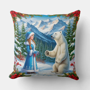 Snow Maiden with Festive Decor and Polar Bear Throw Pillow