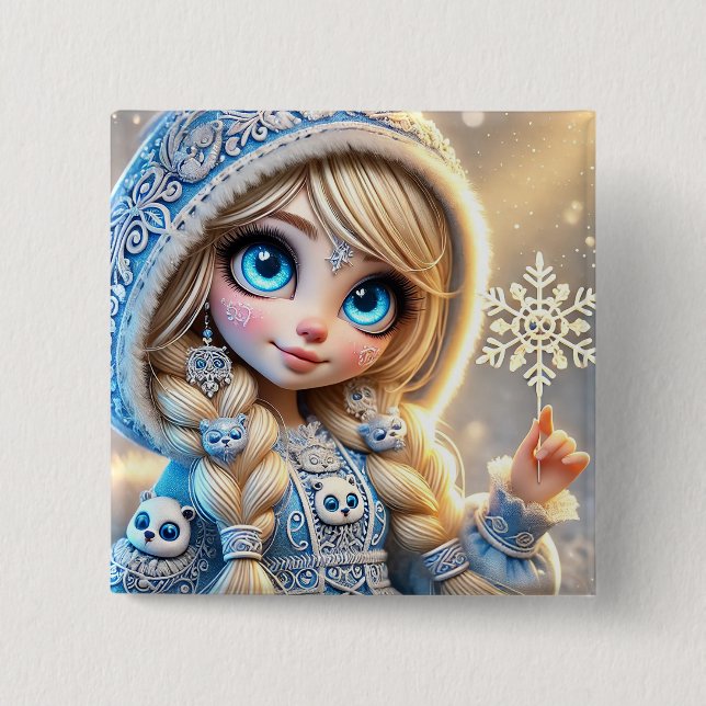 Snow Maiden With Glittering Snowflake 2 Inch Square Button (Front)
