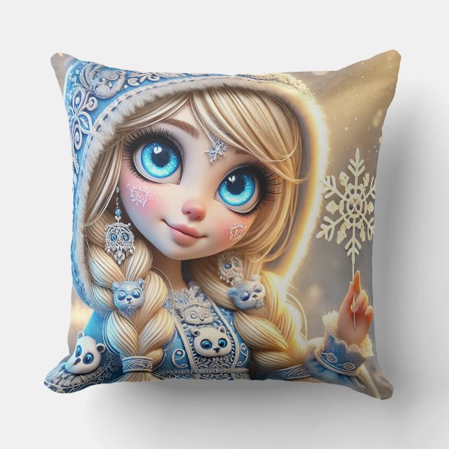 Snow Maiden With Glittering Snowflake Throw Pillow (Front)