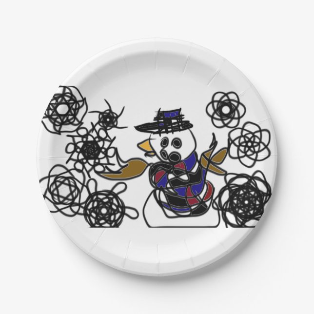 Snow man fun joy warm paper plate (Front)