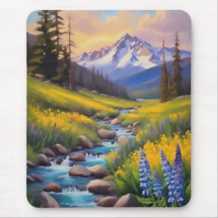 Snow Melt In The Mountains Wildflowers Painting Mouse Pad