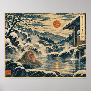 Snow Monkey Hot Spring – Japanese Woodblock Style  Poster