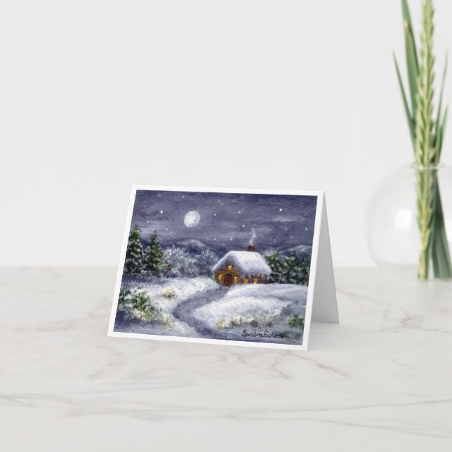Snow Moon Winter Cottage Landscape Art Note Card (Front)