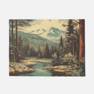 Snow Mountain Forest River Rocks Landscape  Doormat