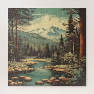 Snow Mountain Forest River Rocks Landscape Jigsaw Puzzle