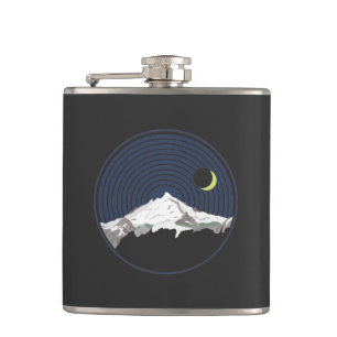 Snow mountain peak at night hip flask
