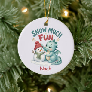 Snow Much Fun Baby Dragon and Snowman Ceramic Ornament