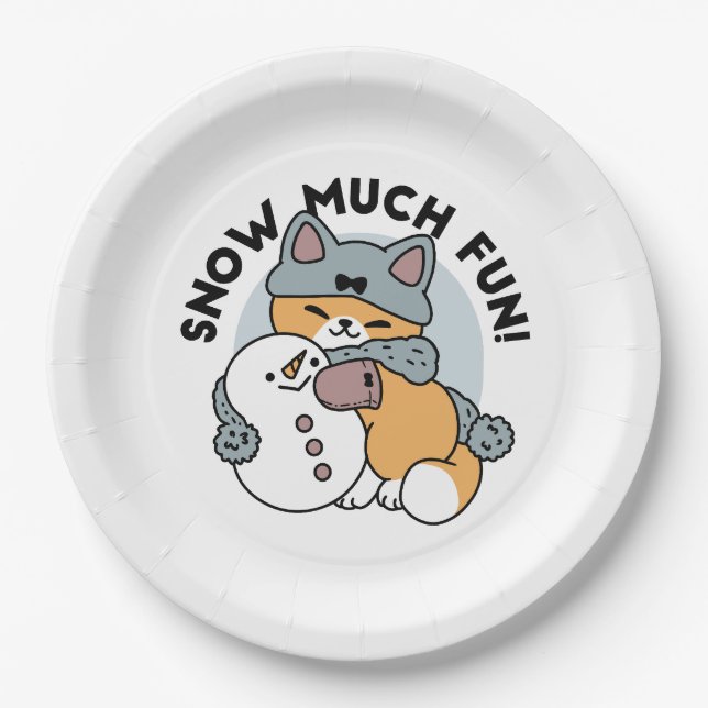 Snow Much Fun Cat Winter Holiday Design Paper Plate (Front)