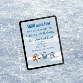 Snow Much Fun, ice skating animals winter birthday Invitation