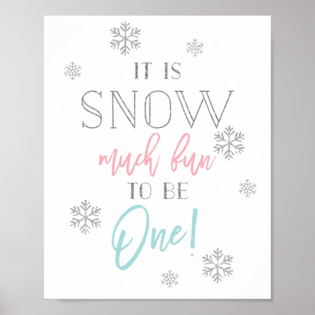 Snow Much Fun | Silver Pink and Blue 1st Bday Sign (Front)