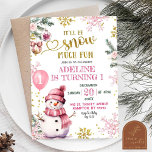 Snow Much Fun Winter First Birthday Girl Invitation<br><div class="desc">Pink Winter Snowman is Turning One Birthday Invitation,  Snowflakes Christmas Party Birthday Girl,  Winter Birthday Girl Invitation,  Christmas Snowman Birthday Girl,  Oh What Fun Snowman Birthday Party,  Winter Onederland Snowman Birthday Invitation,  Winter Pool Party Birthday Invitation,  Snowman Girl Holiday Birthday Party,  Frozen Birthday Invitation.</div>