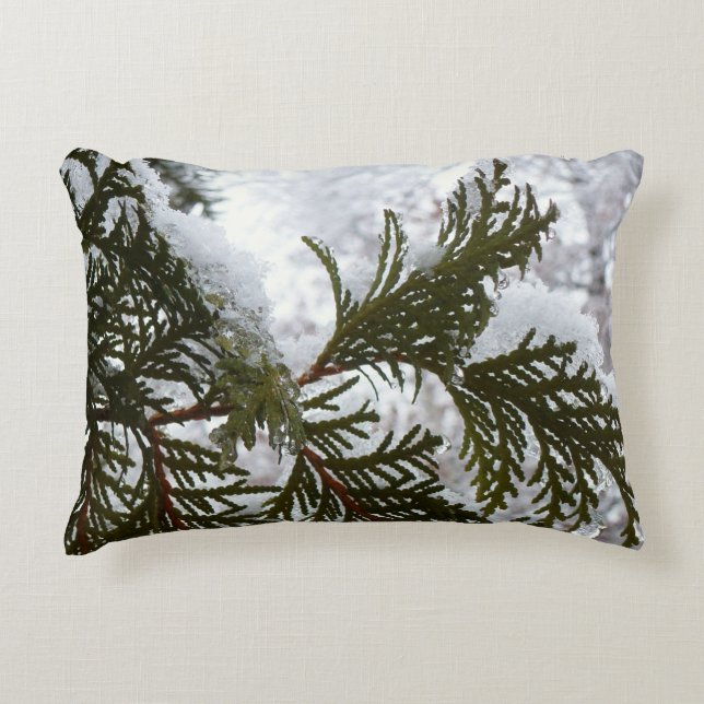Snow on Evergreen Branches Decorative Pillow (Front)