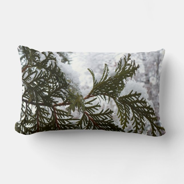 Snow on Evergreen Branches Lumbar Pillow (Front)
