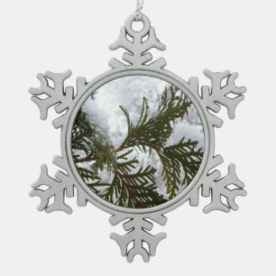 Snow on Evergreen Branches Snowflake Pewter Christmas Ornament