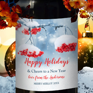 Snow on Red Festive Berries Christmas Wine Label