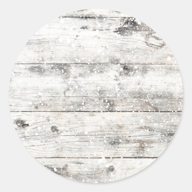 Snow on Rustic White Wooden Panel | Holiday Classic Round Sticker (Front)