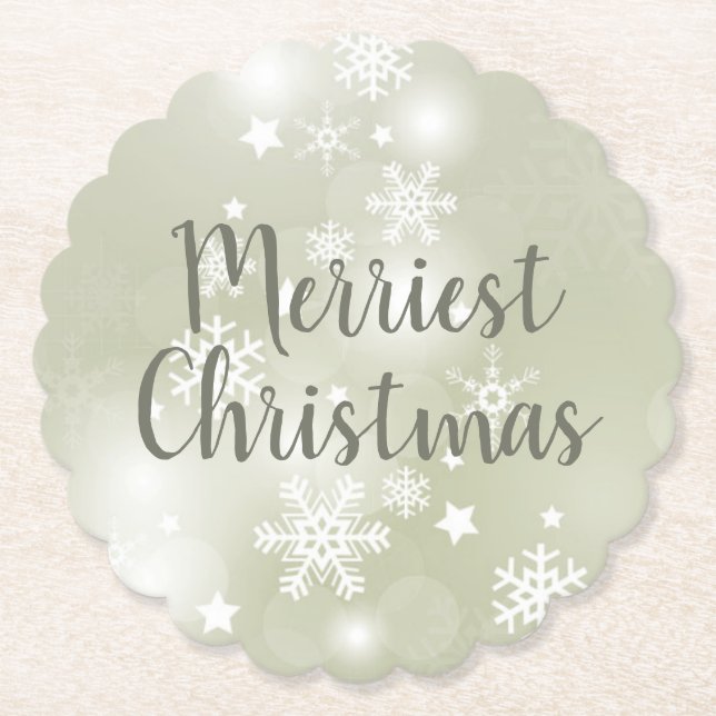 Snow on Sage Elegant Abstract Watercolor Scallop Paper Coaster (Front)