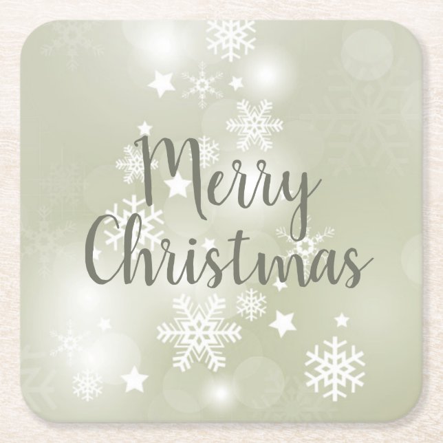 Snow on Sage Elegant Abstract Watercolor Square Paper Coaster (Front)