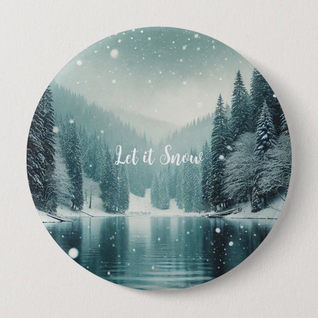 Snow on the winter, mountain lake 4 inch round button (Front)