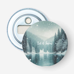 Snow on the winter, mountain lake bottle opener