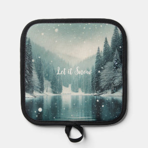 Snow on the winter, mountain lake pot holder