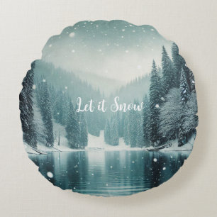 Snow on the winter, mountain lake round pillow