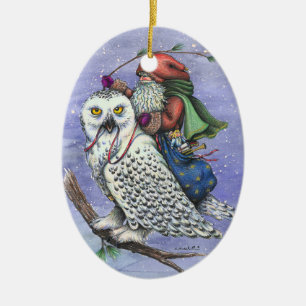 Snow Owl And Santa CHRISTMAS ORNAMENT Fantasy
