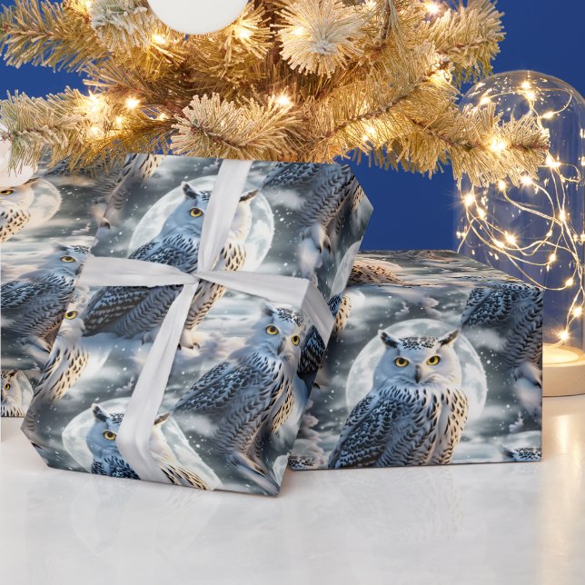 Snow Owl in Winter Moonlight Wrapping Paper (Holidays)