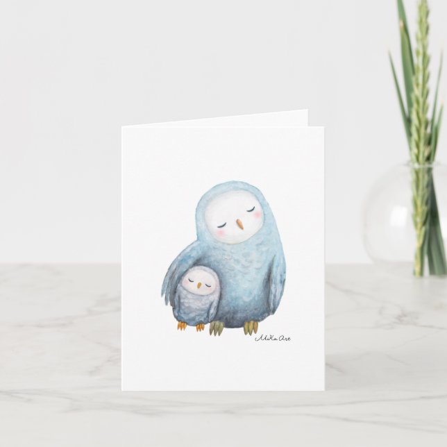 Snow Owl Mom and baby Sweet Woodland Animal Blank  Card (Front)
