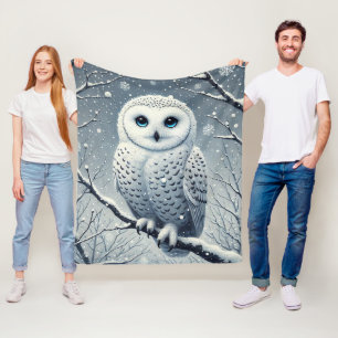 Snow Owl Perched on Snowy Branch Fleece Blanket