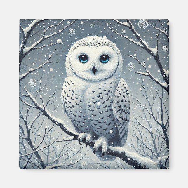 Snow Owl Perched on Snowy Branch  Magnet (Front)