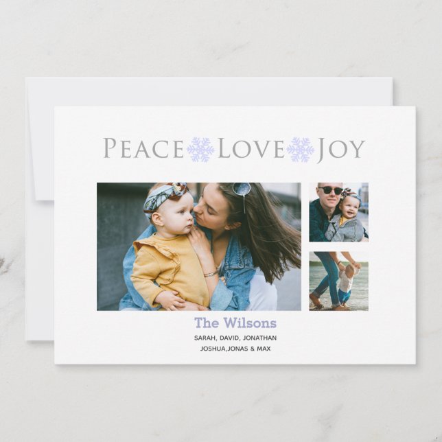 Snow Peace Love Joy Multiple Photo Typography Holiday Card (Front)